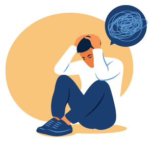 person sitting with hands on head indicating stress and anxiety with thoughts represented by a swirling line surrounded by soothing colors reflecting mental health awareness 10 signs of anxiety